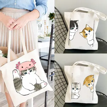 Красиви чанти с котки голям капацитет, реколта чанта за пазаруване в стил хип-хоп с анимационни герои харадзюку, холщовая чанта, забавни дамски чанти през рамо, за да кавайных момичета