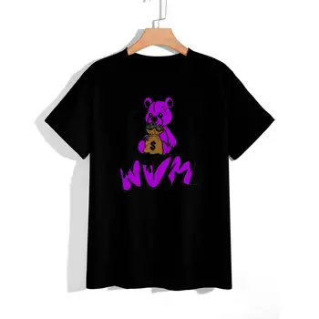 Лилава памучен тениска с гореща рисувани под формата на мечка от полиестер, сладка тениска с кръгло деколте, основата за улична мода